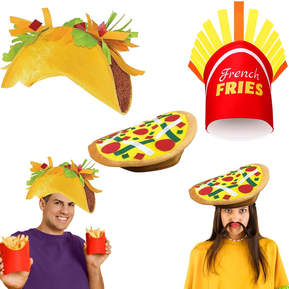 Handepo 3 Pcs Pizza Hat Taco French Fries Food Costume Hat Crazy for Cinco De Mayo, Halloween Costume Accessory Fiesta Party