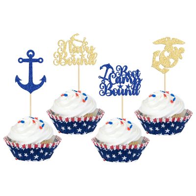 24Pcs Military Themed Cupcake Toppers Glitter Boot Camp Bound Cupcake Picks Navy Bound Themed Cupcake Decorations Welcome Ceremony Army Birthday Party Cake Decorations Supplies Blue Gold