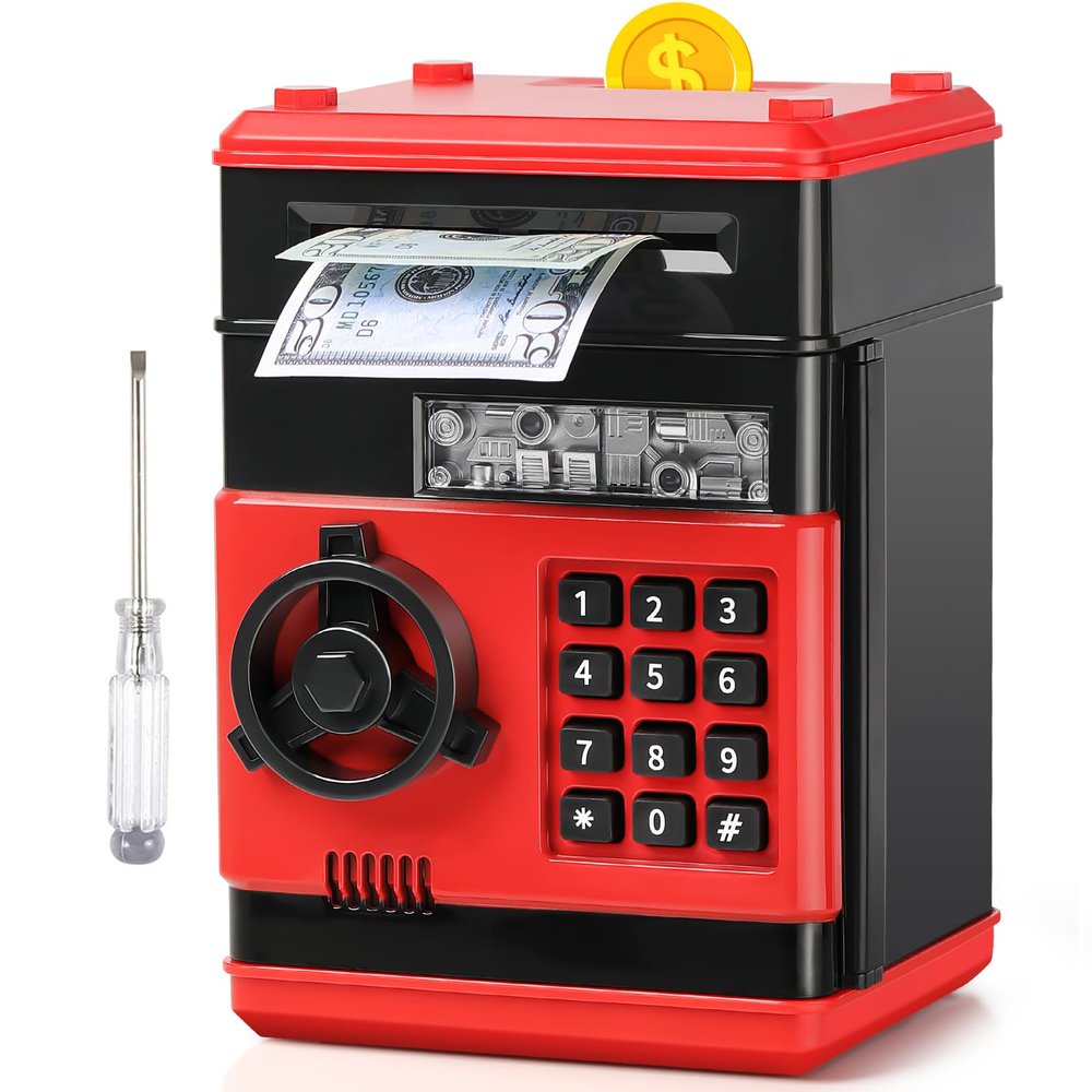 ATM Piggy Bank for Boys Girls, Vcertcpl Mini ATM Coin Bank Money Saving Box with Password, Kids Safe Money Jar for Adults with Auto Grab Bill Slot, Great Gift Toy Bank for Kids (RedBlack 02)