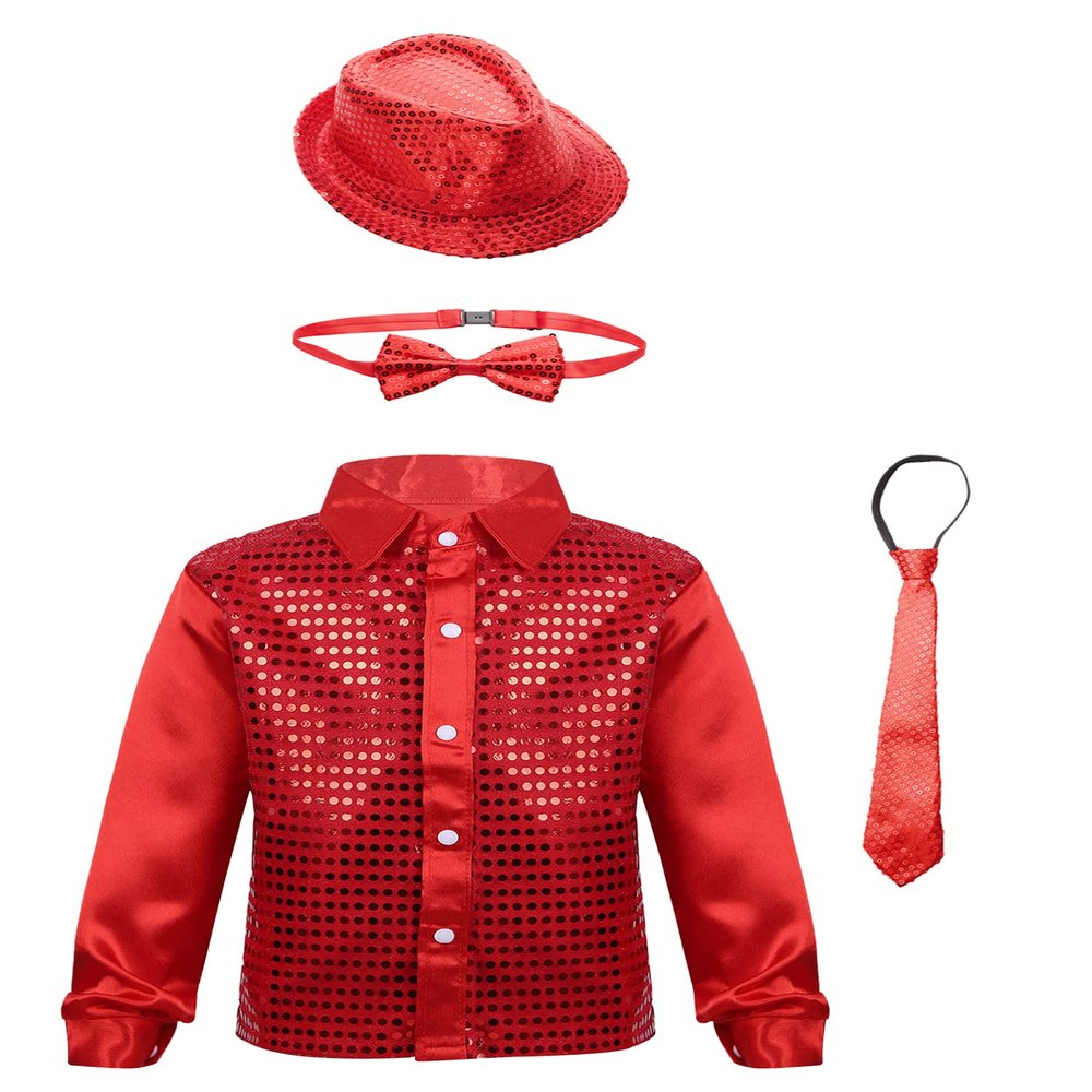 Aislor Kids Boys Girls Sequins Spread Collar Shirt Jacket Hip Hop Jazz Disco Dance Costume with Hat Bowtie Necktie Red 7-8 Years