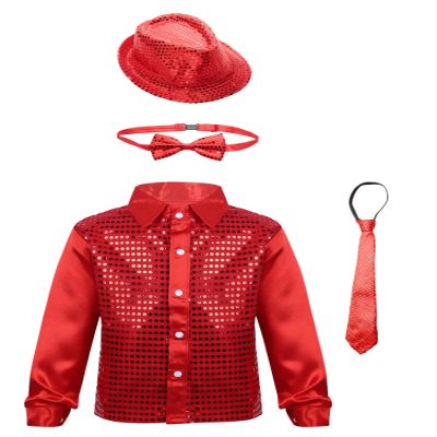 Aislor Kids Boys Girls Sequins Spread Collar Shirt Jacket Hip Hop Jazz Disco Dance Costume with Hat Bowtie Necktie Red 9-10 Years