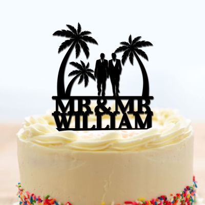 Personalized Mr And Mr Wedding Cake Toppers Grooms Beach Theme Cake Toppers Under Palm Tree in Beach Cake Topper Mr Mr Silhouette Black Acrylic Engagement Two Men Gifts with Last Name