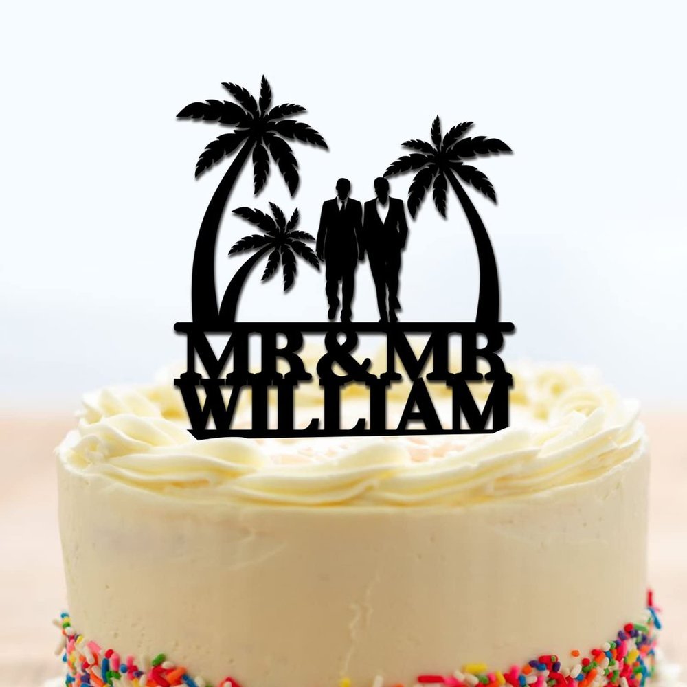 Personalized Mr And Mr Wedding Cake Toppers Grooms Beach Theme Cake Toppers Under Palm Tree in Beach Cake Topper Mr Mr Silhouette Black Acrylic Engagement Two Men Gifts with Last Name