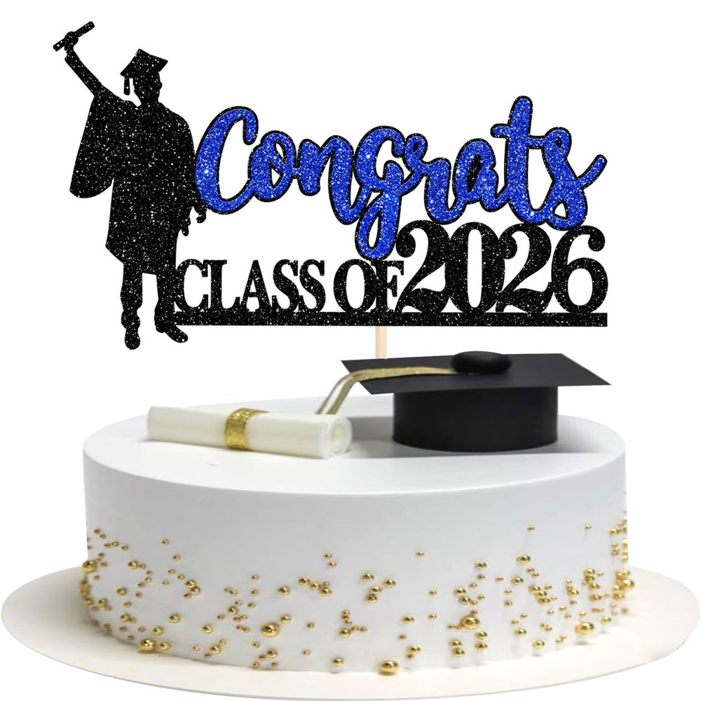 1 Pack Congrats Class of 2026 Cake Toppers Graduation Boy Cake Picks Glitter 2026 Graduation Cake Decorations for Theme High School Boys Graduate Cake Decorations Party Supplies Blue Gold