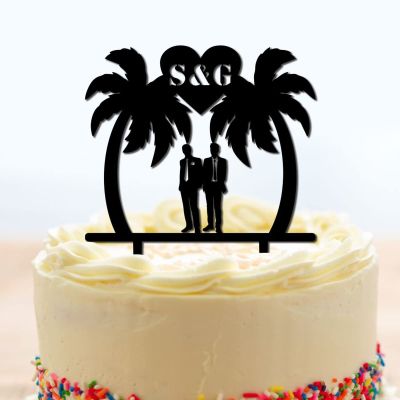 Gay Wedding Cake Toppers Personalized Mr And Mr Beach Theme Black Acrylic Cake Toppers Gay Couple Silhouette Custom Last Name Same Sex Two Men Gifts for Wedding Grooms Under Palm Tree in Beach