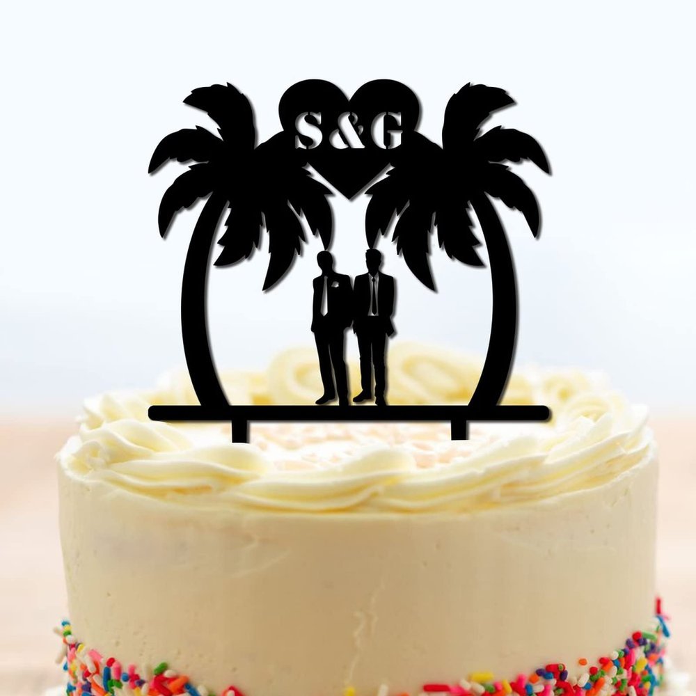 Gay Wedding Cake Toppers Personalized Mr And Mr Beach Theme Black Acrylic Cake Toppers Gay Couple Silhouette Custom Last Name Same Sex Two Men Gifts for Wedding Grooms Under Palm Tree in Beach