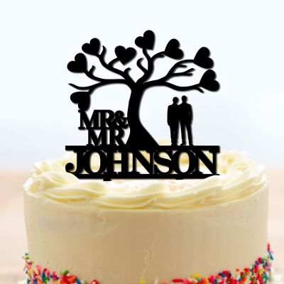 Grooms Cake Toppers Personalized Mr And Mr Under Palm Tree in Beach Black Acrylic Cake Toppers Mr Mr Silhouette Custom Last Name LGBT Two Men Gifts for Anniversary Party Palm Tree