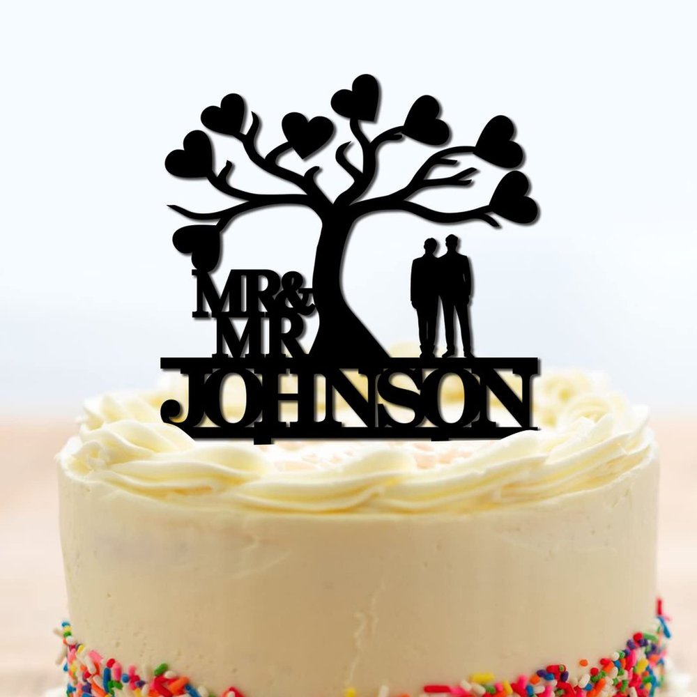 Grooms Cake Toppers Personalized Mr And Mr Under Palm Tree in Beach Black Acrylic Cake Toppers Mr Mr Silhouette Custom Last Name LGBT Two Men Gifts for Anniversary Party Palm Tree