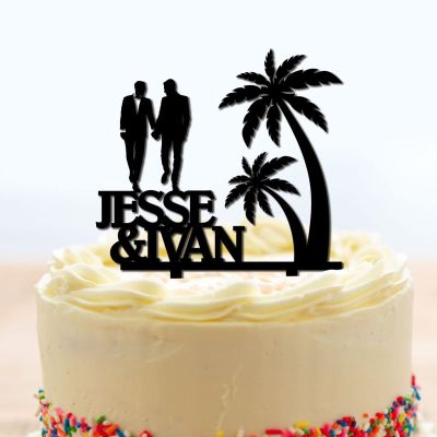 Grooms Cake Toppers Personalized Gay Beach Theme Black Acrylic Cake Toppers Mr Mr Silhouette Custom Names Same Sex Cake Supplies for Anniversary Party Under Palm Tree in Beach