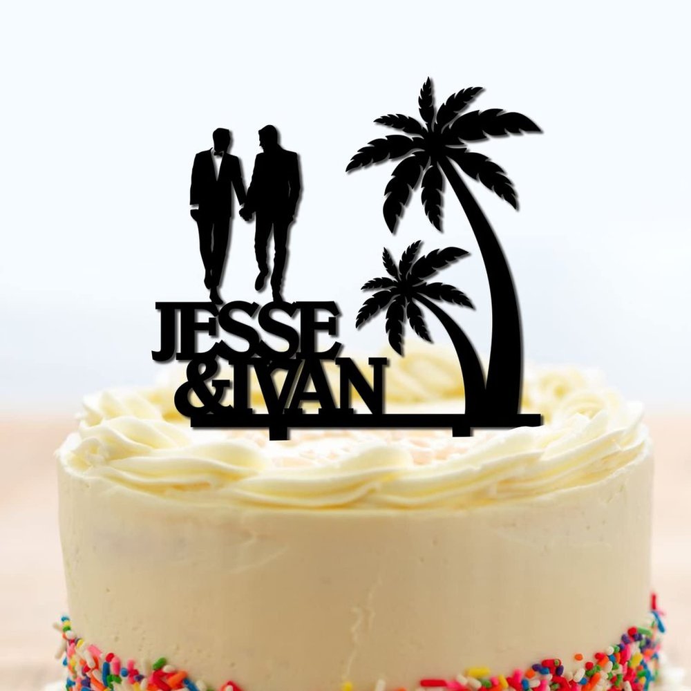Grooms Cake Toppers Personalized Gay Beach Theme Black Acrylic Cake Toppers Mr Mr Silhouette Custom Names Same Sex Cake Supplies for Anniversary Party Under Palm Tree in Beach