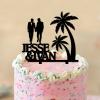 Grooms Cake Toppers Personalized Gay Beach Theme Black Acrylic Cake Toppers Mr Mr Silhouette Custom Names Same Sex Cake Supplies for Anniversary Party Under Palm Tree in Beach view 4