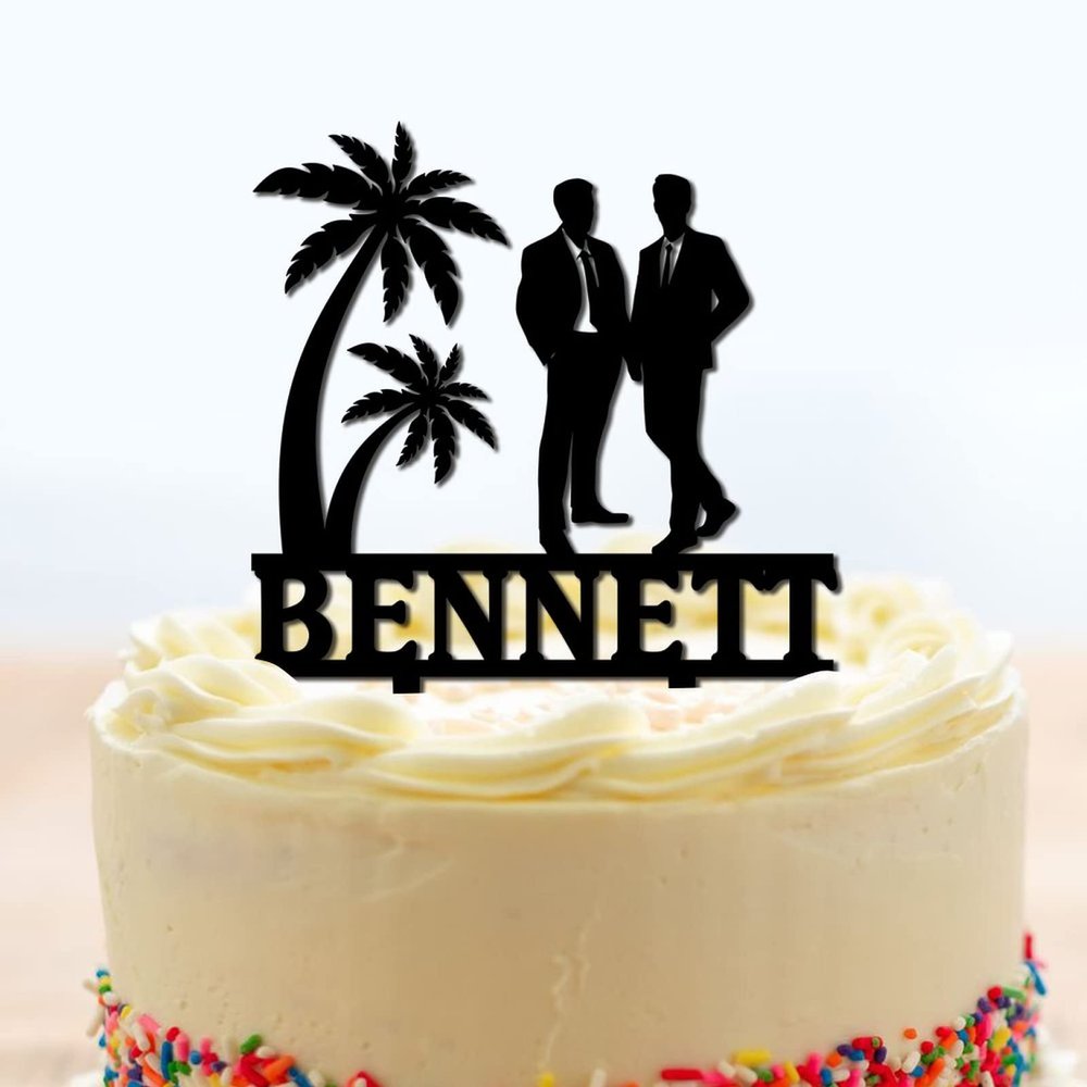 Custom Gay Wedding Cake Toppers Grooms Travel Cake Toppers Under Palm Tree in Beach Cake Topper Mr Mr Silhouette Black Acrylic Party Two Men Gifts with Last Name