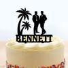 Custom Gay Wedding Cake Toppers Grooms Travel Cake Toppers Under Palm Tree in Beach Cake Topper Mr Mr Silhouette Black Acrylic Party Two Men Gifts with Last Name view 1