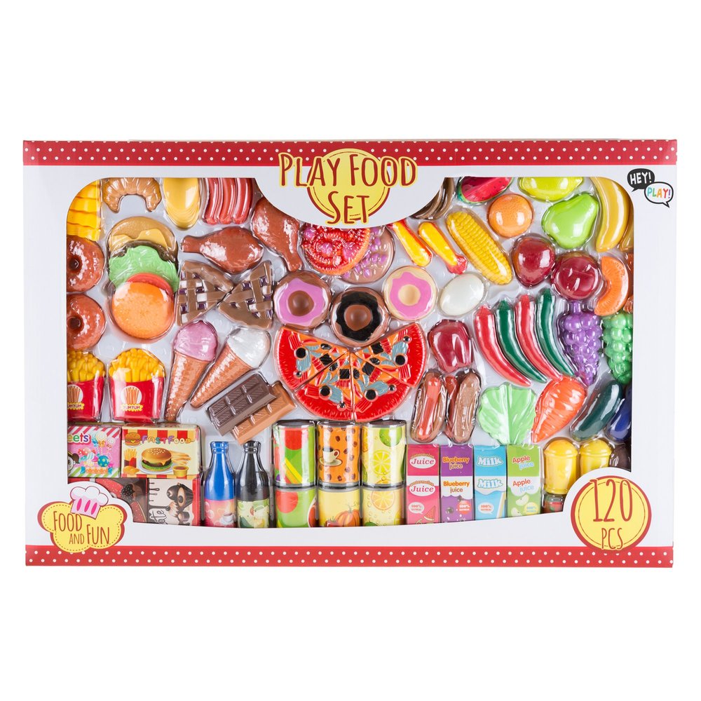 HEY! PLAY! Toy Food - 120-Piece Artificial Grocery Set for Kids Kitchen and Pretend Play - Includes Fresh, Boxed and Canned Food Items - Toddler Toys