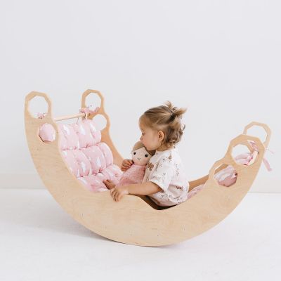 WOOD&ROOM Large Arch with Cushion for Children Montessori Wooden Climber Rocker Indoor Playground for Toddlers & Kids Natural Color Rocker with Pillow (Pink)