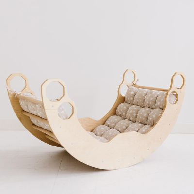 WOOD&ROOM Large Arch with Cushion for Children Montessori Wooden Climber Rocker Indoor Playground for Toddlers & Kids Natural Color Rocker with Pillow (Beige Stars)