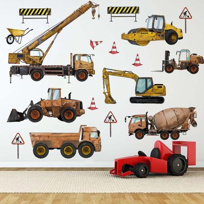 Runtoo Construction Vehicles Wall Stickers Excavator Tractor Truck Car Wall Decals Kids Bedroom Boys Room Playroom Wall Decor