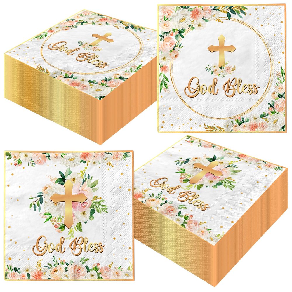 40pcs God Bless Baptism Napkin Disposable Floral Cross Paper Napkins Religious Christian Dinner Napkins for Baby Shower First Communion Confirmation Party Suplies