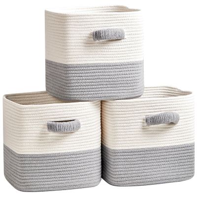 R RUNKA Storage Cube Baskets for Organizing- 3 Pack- 11 inch Square Baskets for Cube Storage, Closet Storage Bins- Woven Cube Storage Bins for Shelves- Ideal for Toy Storage |White & Grey