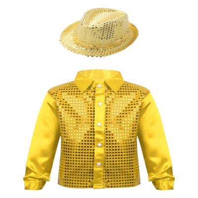Aislor Kids Boys Girls Shiny Sequins Long Sleeve Shirt Jazz Latin Street Dance Top Disco Party Costume with Hat Set Gold 13-14 Years