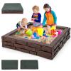 HONEY JOY Sandbox with Cover, 47 x 47 Inch Square Sand Pit for Backyard, Bottom Drainage Oxford Liner, HDPE Playful All Weather Resistant Sand Boxes for Kids Outdoor with Lid (Brown) view 1