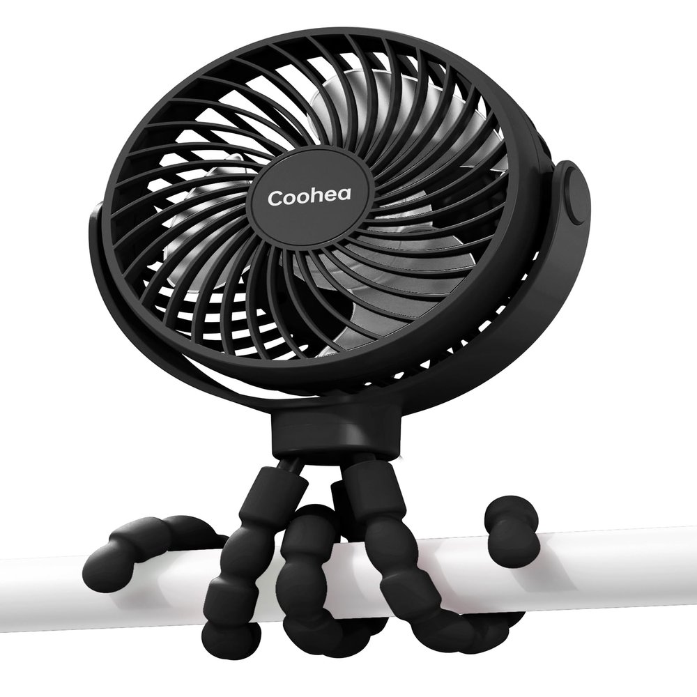 Coohea Stroller Fan Clip on for Baby, 4000mAh Rechargeable Battery Operated, Flexible Tripod, 3 Wind Speed, 360 Rotatable, Small Cooling Portable Fan for Car Seat Crib Golf Cart Bike Treadmill, Black
