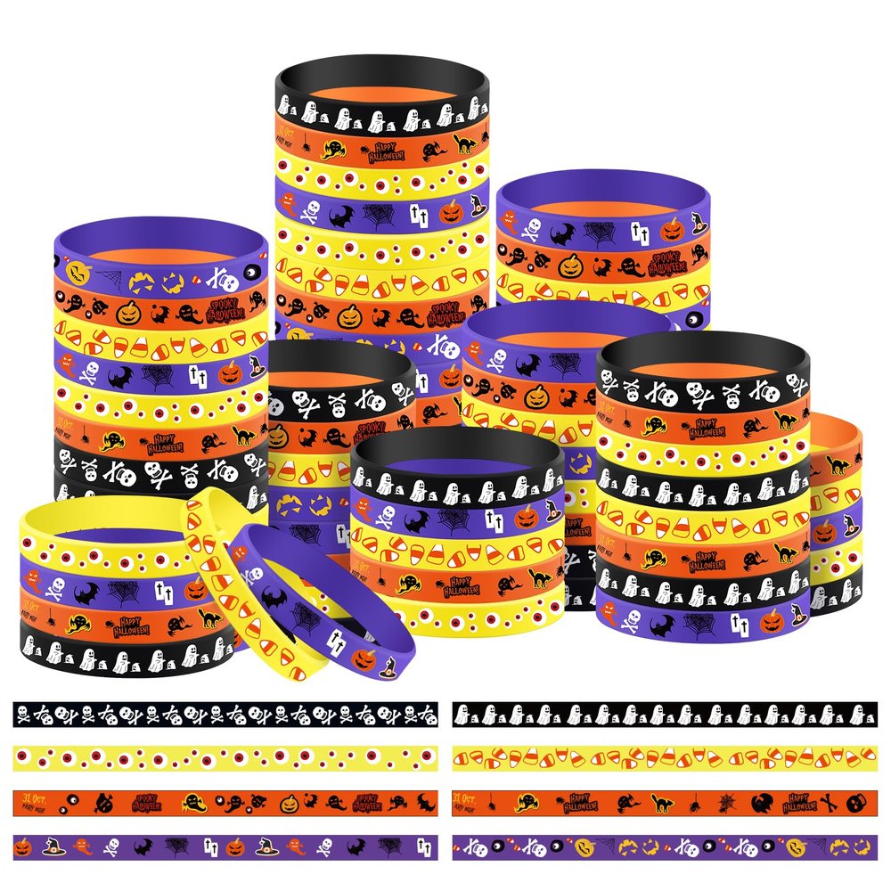 Libima 96 Pcs Halloween Rubber Bracelets Bulk Party Favors Gift Halloween Trinkets Silicone Wristbands Party Decoration Goodie Bag Stuffers Fillers Trick or Treat Accessories Supplies, 8 Designs