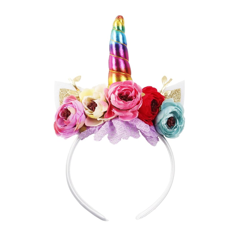 Nishine Girls Glitter Unicorn Horn Headband Camellia Pony Head Band Flower Hair Band Tiara for Party Birthday Gift (Rainbow)