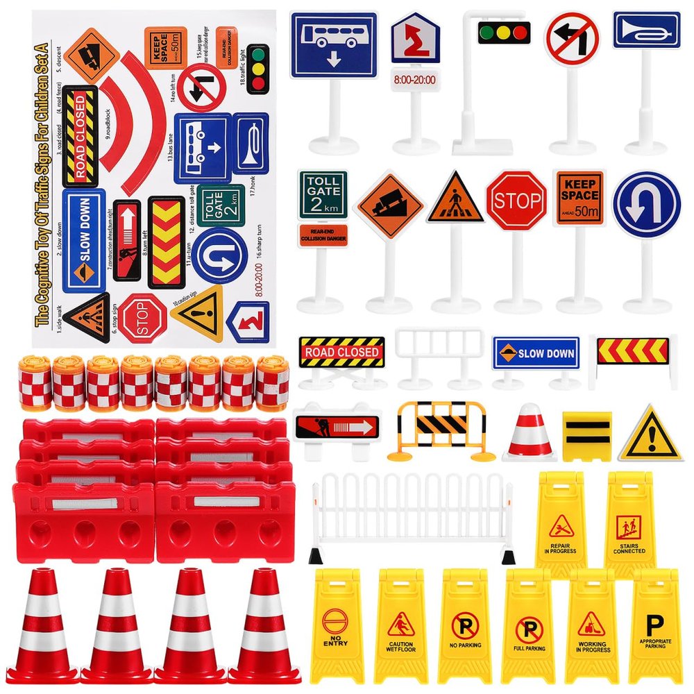 NUOBESTY 104Pcs Kids Traffic Road Signs Playset with Mini Roadblocks Cones Crosswalk Signals Educational Toy for Outdoor Play