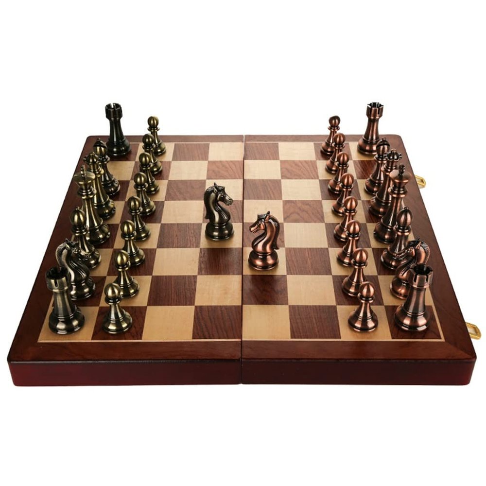 Wood Travel Chess Set for Adults Kids Unique, Large Wooden Chess Sets Tournament Chess Board Game for Party Travel, Chess Board Wood and Metal Chess Pieces