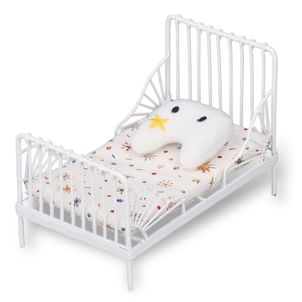 1/12 Dollhouse Metal Bed,Doll House Miniature Bed Furniture with Pillow for Dollhouse Bedroom (Star Pattern)