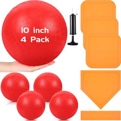 Hiboom 10 Pcs Kickball Set Includes 10 Inches Dodgeball Playground Balls 5 Rubber Throw Down Bases Needles and Ball Pump for Boys Girls Adults Backyard Game Camps Picnic Schoolyard Summer(Orange)