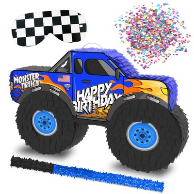 Jergrim Monster Truck Piata, Small 4 Piece Set, perfect for Kids Birthday Parties, Race Car Party Supplies fits piata candy and party favors (16X10) Durable! (Blue Monster Truck)