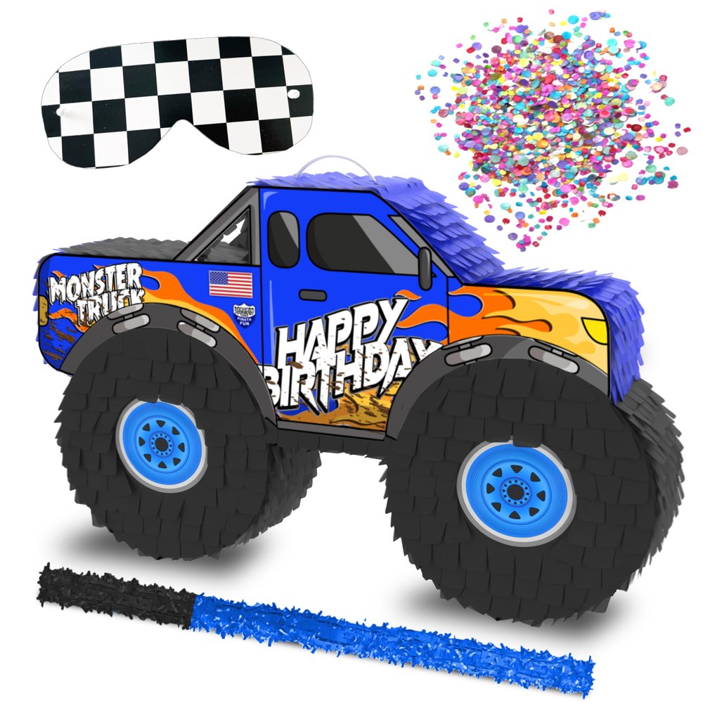 Jergrim Monster Truck Piata, Small 4 Piece Set, perfect for Kids Birthday Parties, Race Car Party Supplies fits piata candy and party favors (16X10) Durable! (Blue Monster Truck)