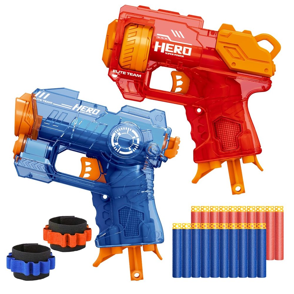 Banvih 2 Pack Mini Blaster Guns for Nerf, Easter Basket Stuffers for Kids, Small Toys Pistols for Boys Toddlers Ages 3-5 5-7 8-12 Year Olds Birthday Gifts - 20 Refill Foam Darts and 2 Wristbands