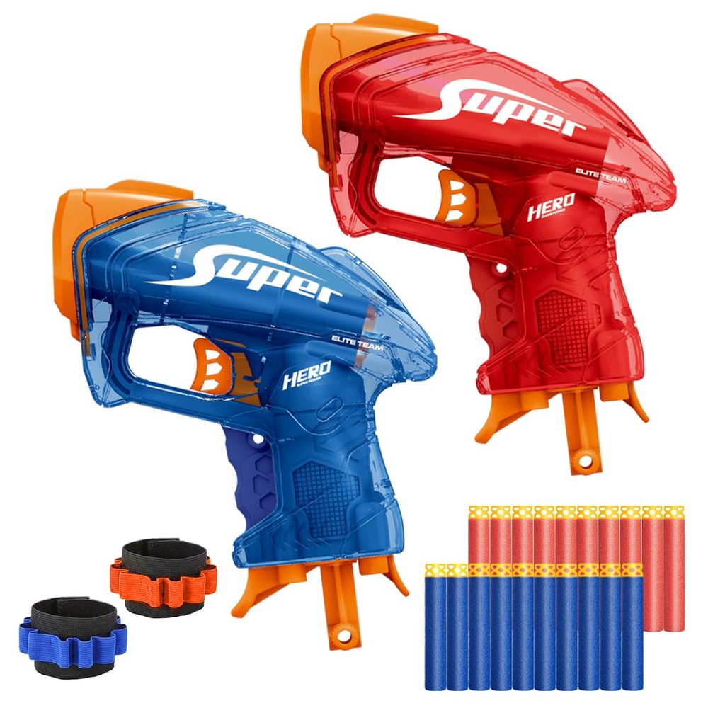 2 Pack Mini Blaster Guns Set for Nerf, Small Toys Pistol for Boys Easter Basket Stuffers for Kids Toddlers Age 3-5 5-7 8-12 Year Olds Birthday Gifts - 20 Refill Foam Darts 2 Wristbands