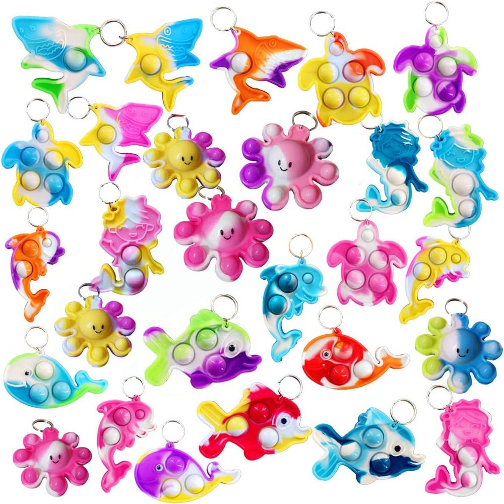 100 Packs Bulk Undersea Octopus Mermaid Turtle Shark Dolphin Fish Whale Mini Ocean Assorted fidgets for Kids Classroom Student Bubble Prizes, Summer Party Favors Gift