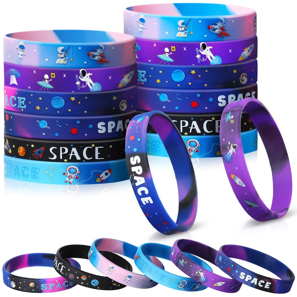 Aoriher Space Party Rubber Bracelets for Kids, Galaxy, Astronaut, Planet Silicone Wristbands for Outer Space Alien Theme Party Favors Classroom Prizes, Birthday Gift Goodie Bags Fillers(48 Pcs)