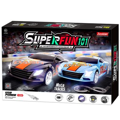 JOYSWAY: SuperFun 101-1/43 USB Power Slot Car Racing Set, Layout Size: 44"x22", LED Headlights, Lap Counter, Ages 8+