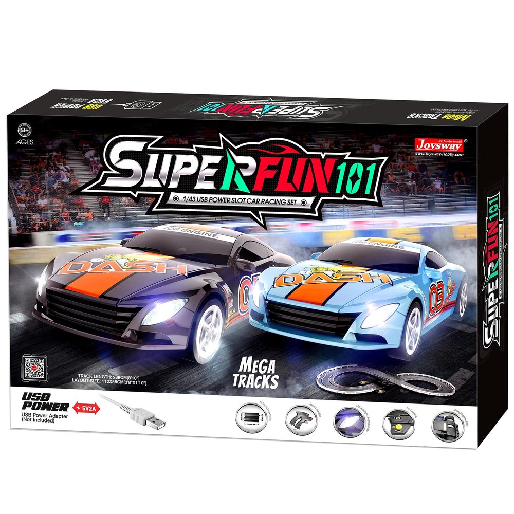 JOYSWAY: SuperFun 101-1/43 USB Power Slot Car Racing Set, Layout Size: 44"x22", LED Headlights, Lap Counter, Ages 8+