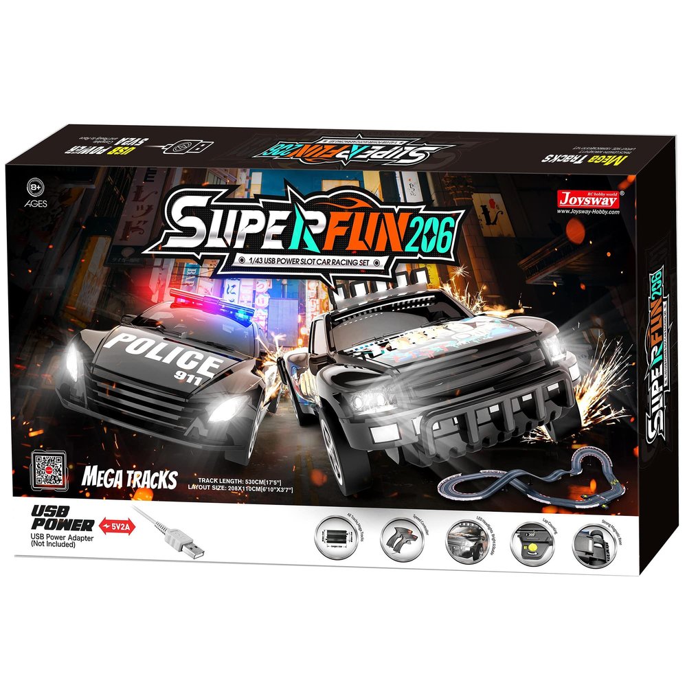Joysway: SuperFun 206-1/43 USB Power Slot Car Racing Set, Layout Size: 82"x43", LED Headlights, Lap Counter, Ages 8+
