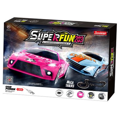 SuperFun 203-1/43 USB Power Slot Car Racing Set, Layout Size: 65"x37", LED Headlights, Lap Counter, Ages 8+