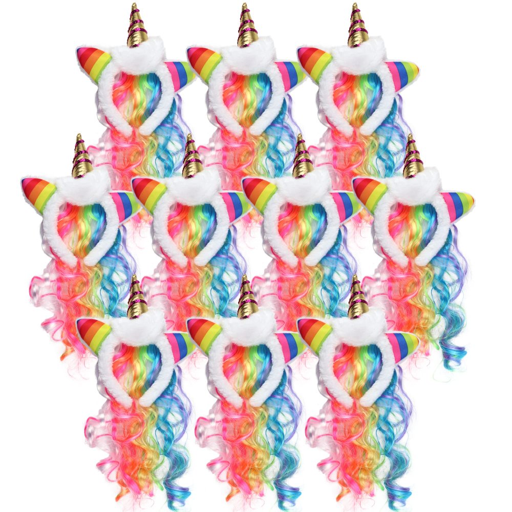 Needzo Rainbow Unicorn Headband, Birthday Party Favor, Hair Accessories for Dress Up and Cosplay, One Size Fits Most (Pack of 10)