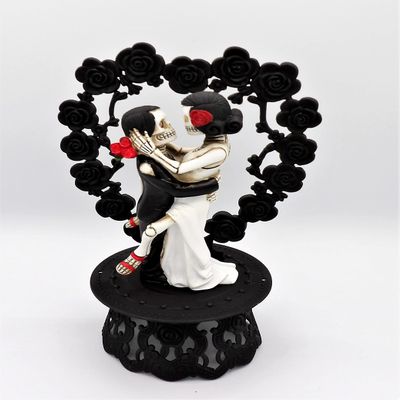 Wedding Ceremony Day of the Dead Skeleton Gothic Red Roses on Black Heart Base