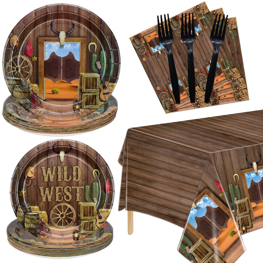 Western Party Decorations - 81 Pcs Plates, Napkins, Western Tablecloth, Black Forks Set for Western Birthday Party Decorations Western Party Supplies, Serve 20