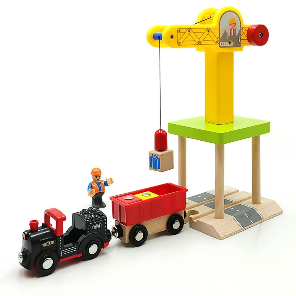 Wooden Crane Toy Set with Train Cars - Compatible with Major Wooden Rail Brands - Multi-function Crane for 3-5 Year Old Boys