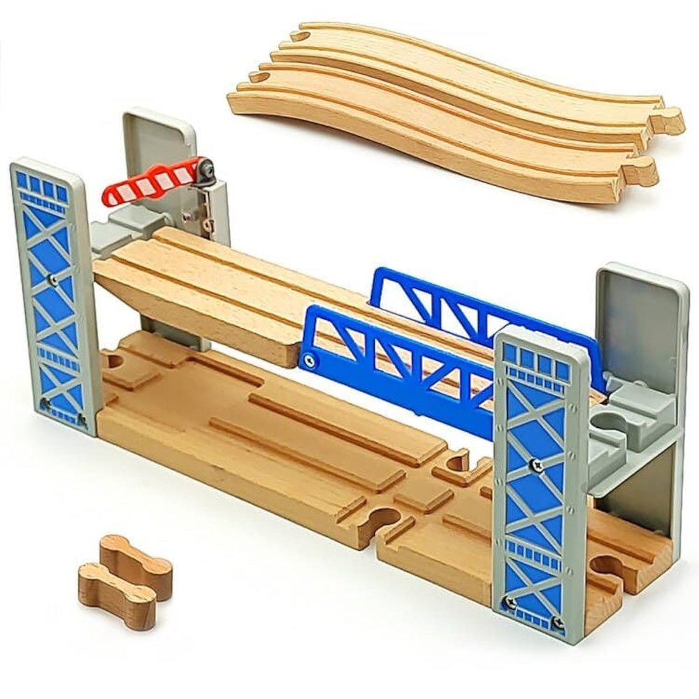Lift Bridge Wooden Crane Toy Set with Train Cars - Compatible with Major Wooden Rail Brands - Ages 3-5