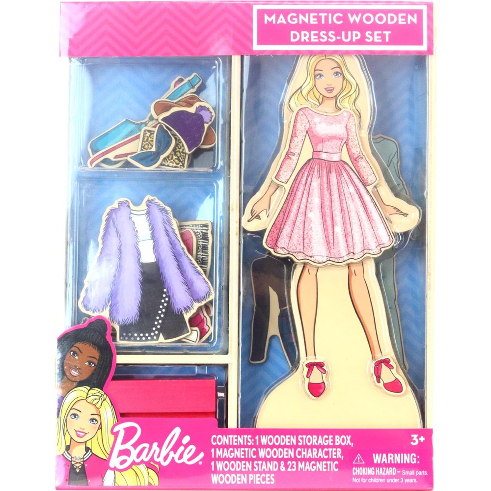 Barbie Magnetic Wooden Dress Up Toy Pretend Play Set with Wooden Barbie Doll, Mix & Match Outfits & Storage Box Educational Magnetic Toy for Girls Ages 3+
