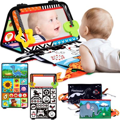 Aboosam Tummy Time Baby Mirror Toys 0-6 6-12 Months - Montessori Infant Toys Brain Development with Crinkle Cloth Book and Teether - High Contrast Newborn Sensory Toys for Babies Boys Girls Gifts