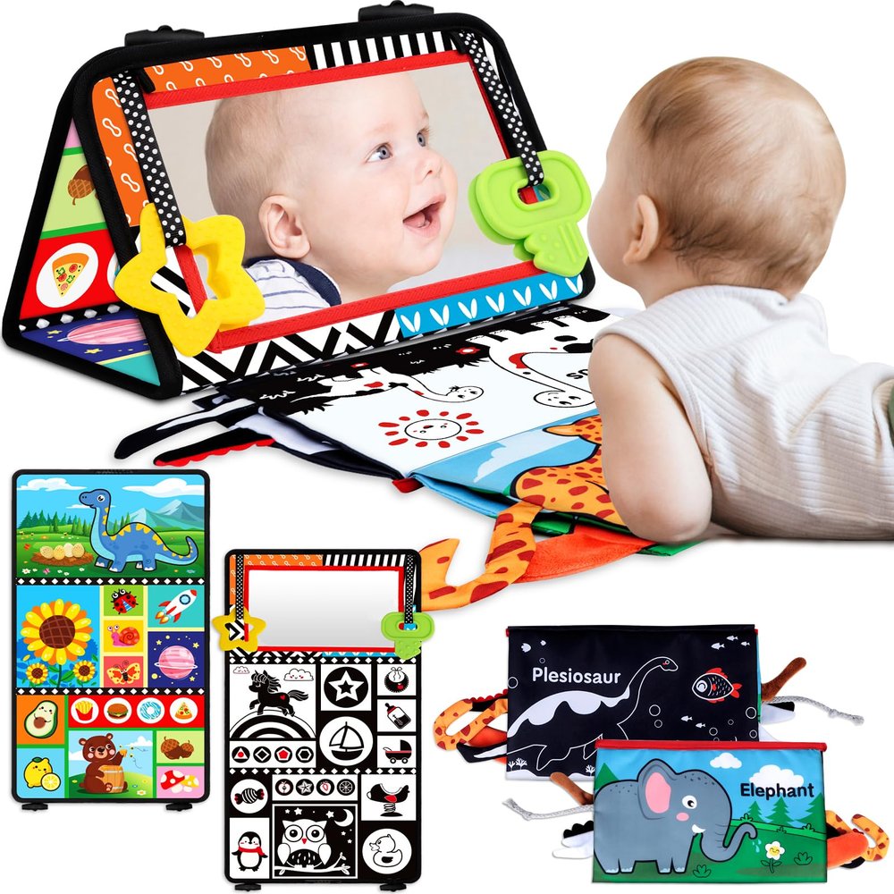 Aboosam Tummy Time Baby Mirror Toys 0-6 6-12 Months - Montessori Infant Toys Brain Development with Crinkle Cloth Book and Teether - High Contrast Newborn Sensory Toys for Babies Boys Girls Gifts